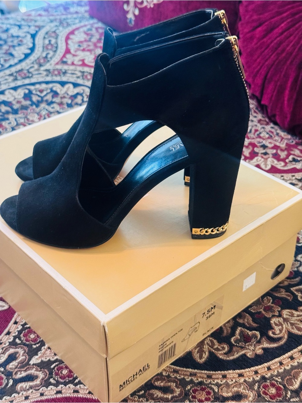 MICHAEL Michael Kors Black Suede Block Heel Sandals with Gold Chain Accent